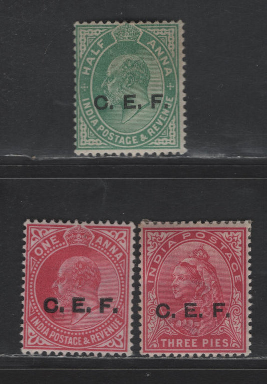 Lot 269 India - China Expeditionary Force SG#C1, C13, C21 1/2a - 3p Green - Brown Queen Victoria & King Edward VII, 1900-1909 Overprinted Issue, 3 F/VFOG Singles