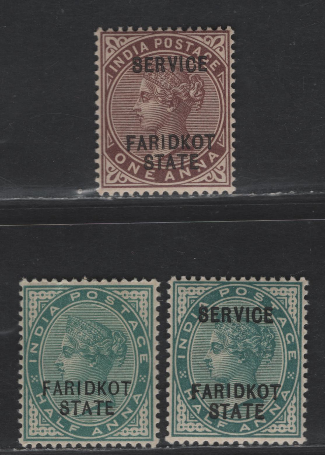 Lot 271 India - Faridkot SG#1, O1-O2 1/2a - 1a Deep Green - Brown Purple Queen Victoria, 1887-1898 Queen Victoria Overprinted Issue, 3 VFOG Singles