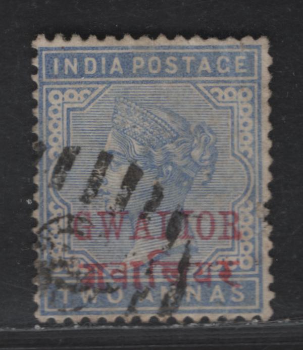 Lot 272 India - Gwalior SG#13 2a Dull Blue Queen Victoria, 1885-1897 Queen Victoria Keyplate Issue, A Very Good Used Single, Red Overprint, 13.5mm Wide Hindi Overprint, 2 Diagonal Creases