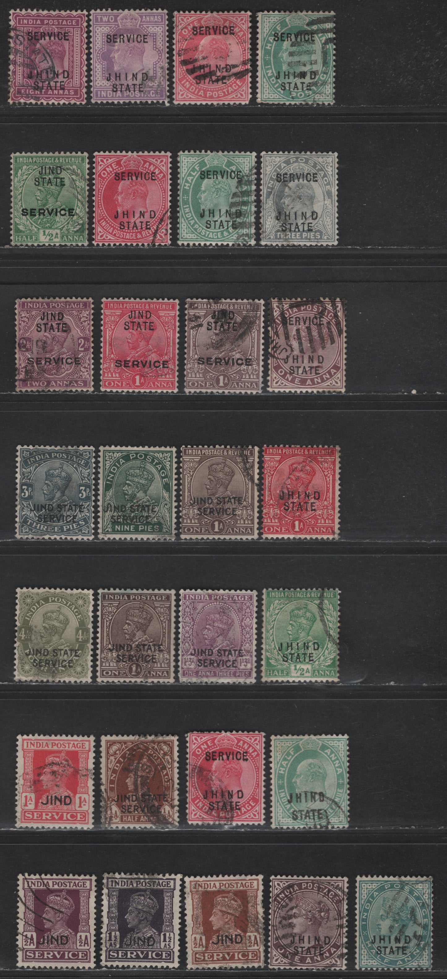 Lot 279 India - Jind SG#17/60, O14/O78 1/2a - 1.5a Blue Green -Dark Gray Queen Victoria - KGVI, 1886-1944 Queen Victoria - KGVI Service Designs Issue, 29 Fine/Very Fine Used Singles