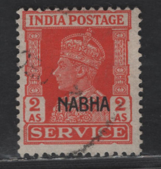 Lot 281 India - Nabha SG#O62w 2a Vermillion King George VI, 1940-1943 Overprinted Issue, A Fine Used Single Inverted Wmk