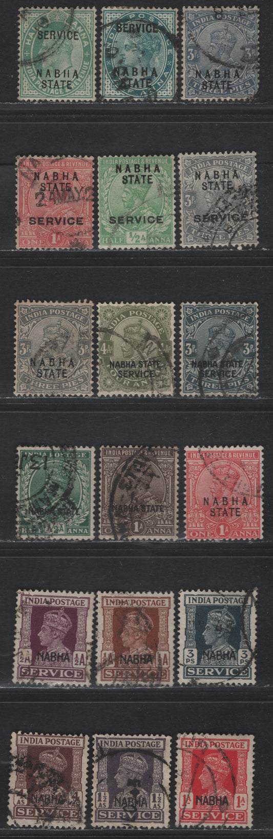 Lot 282 India - Nabha SG#49,b, 51, 73, O6, O35, O39-O41, O47-O49, O55-O57, O61, O64 3p - 4a Gray - Brown King George V - VI, 1913-1943 Official - Overprinted Issues, 18 Fine/Very Fine Used Singles