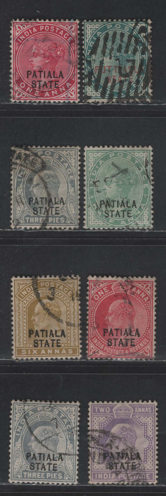 Lot 283 India - Patiala SG#7, 35, 42, 47, 33-34, 36, 39 1/2a - 6a Blue Green - Olive Bistre Queen Victoria - King Edward VII, 1885-1906 Overprinted Issues, 8 Fine/Very Fine Used Singles
