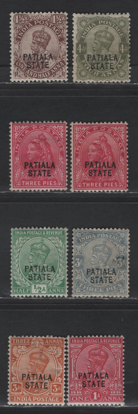 Lot 284 India - Patiala SG#32, 48a, 49-51, 53-54 3p - 4a Carmine - Olive Queen Victoria - King George V, 1899-1926 Queen Victoria - King George V Overprinted Keyplates Issue, 8 VFOG Singles, Single Star Wmk