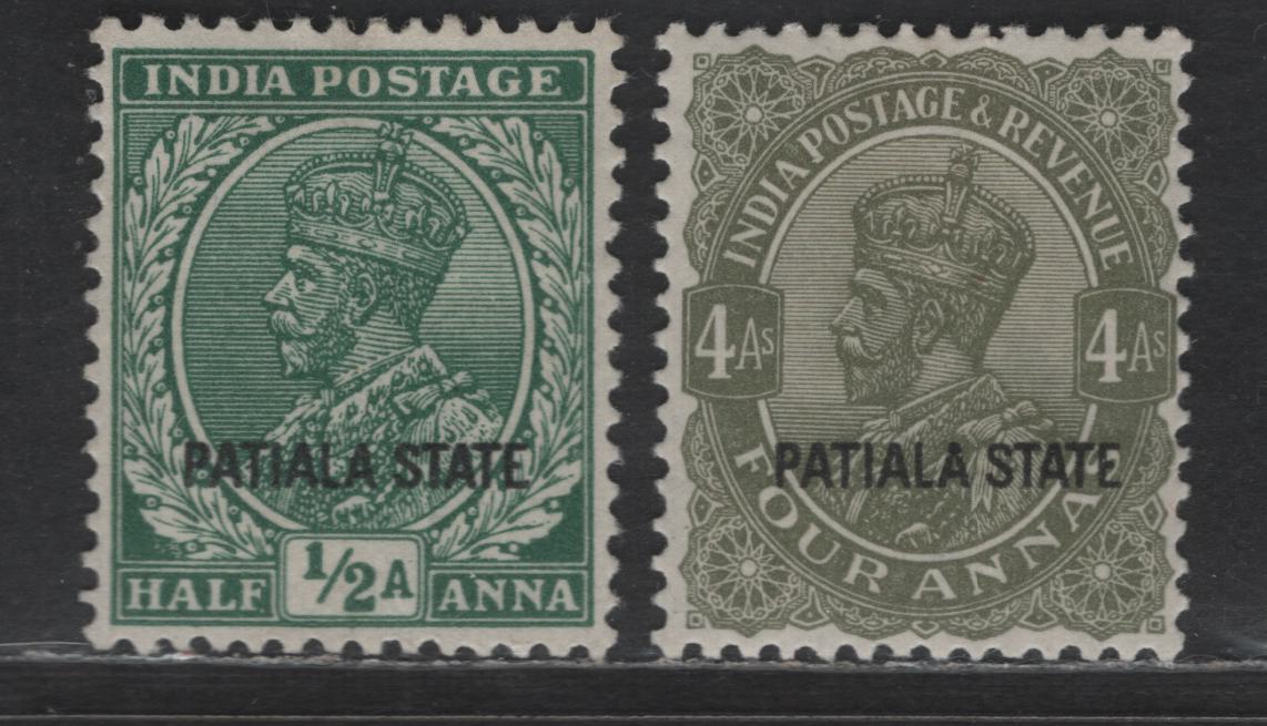 Lot 286 India - Patiala SG#71, 75 4a - 2.5a Sage Green - Blue Green King George V, 1928-1937 KGV Issue, 2 VFOG Singles, Multiple Star Wmk
