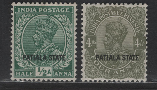 Lot 286 India - Patiala SG#71, 75 4a - 2.5a Sage Green - Blue Green King George V, 1928-1937 KGV Issue, 2 VFOG Singles, Multiple Star Wmk