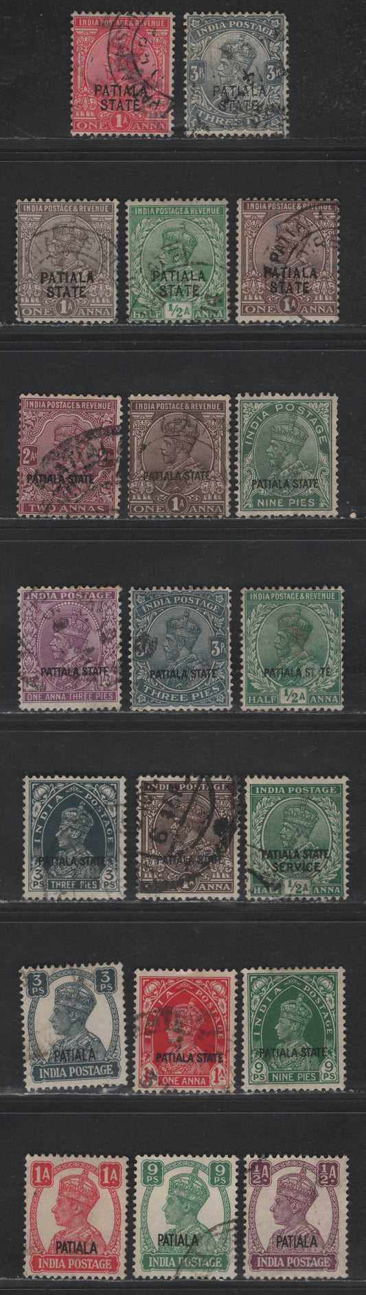 Lot 287 India - Patiala SG#63-64, 66-68, 75-76, 80, 82-83, 103-106 3p - 1a Slate - Carmine King George V & VI, 1912-1926 KGV & KGVI Overprinted Issues, 20 Fine/Very Fine Used SIngles