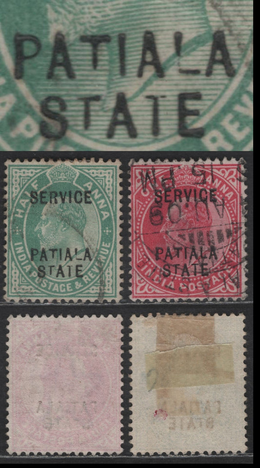 Lot 288 India - Patiala SG#O25var - O33var 1/2a - 1a Green - Carmine King Edward VII, 1912-1926 King Edward VII Official Overprinted Issue, 2 Very Fine Used Singles, Short 'T' in Overprint & Broken L, Unlisted In Gibbons