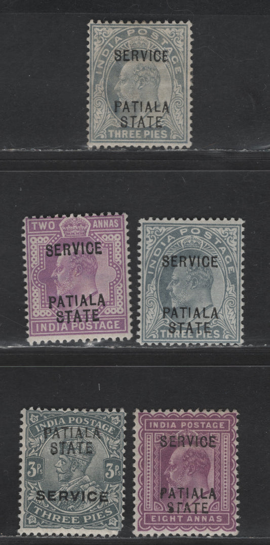 Lot 290 India - Patiala SG#O22,a, O26a, O30, O35b 3p Pale Gray - Slate King Edward VII - KGV, 1903-1926 King Edward VII - KGV Service Overprinted Issues, 5 F/VFOG Singles Small Star Wmk