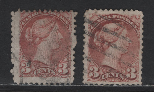 Lot 297 Canada #37a 3c Deep Rose Queen Victoria, 1870-1893 Small Queen Issue, 2 Ungraded Singles, First Ottawa Printings, Papers FO-A (Perf 11.9) & FO-K (Perf 11.9x12), Both With Creases, Sold As Reference Items, Position Dots