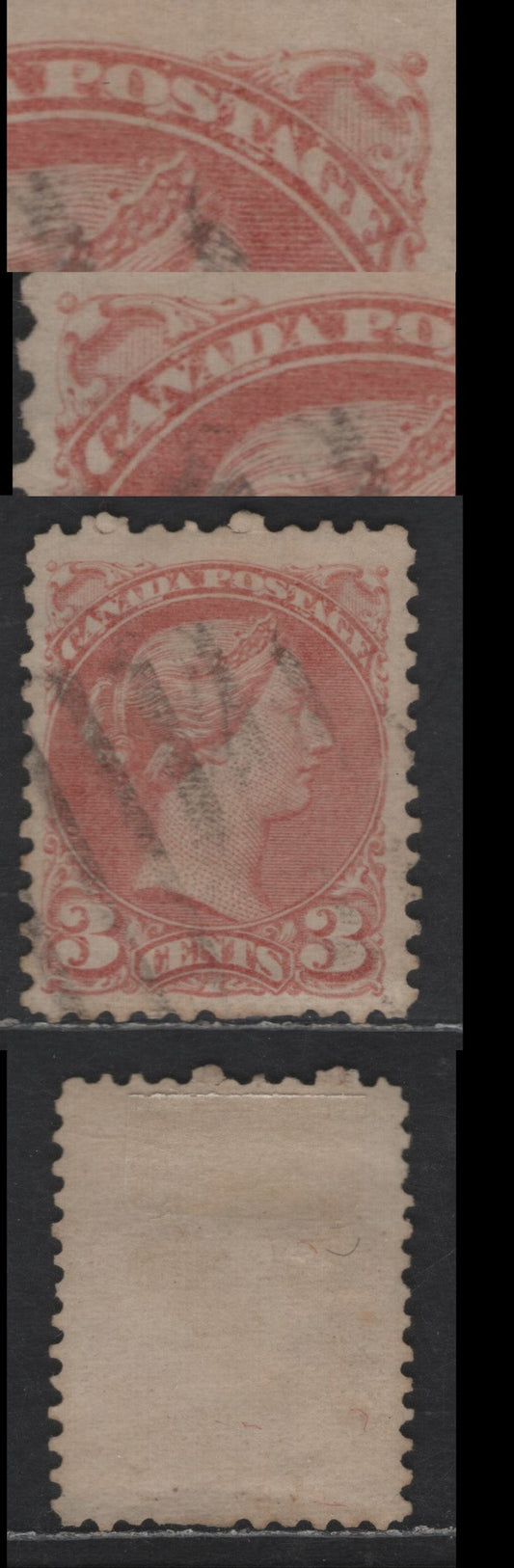 Lot 299 Canada #37iivar 3c Rose Red Queen Victoria, 1870-1893 Small Queen Issue, A Fine Used Single, Early Montreal Printing, Paper EM-B, Unlisted Perf 11.75, Corrugated Felt Side Dry Inking At Top, No Dot