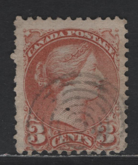 Lot 300 Canada #37bvar 3c Indian Red Queen Victoria, 1870-1893 Small Queen Issue, A Very Good Used Single, First Ottawa Printing, Paper FO-J, Unlisted Perf 11.6x12, Scarce Reference Item, Position Dot