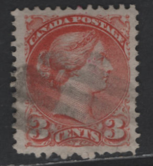 Lot 305 Canada #37e 3c Red Queen Victoria, 1870-1893 Small Queen Issue, A Very Good Used Single, Early Montreal Printing, Paper EM-A, Perf 11.75x12, Position Dot