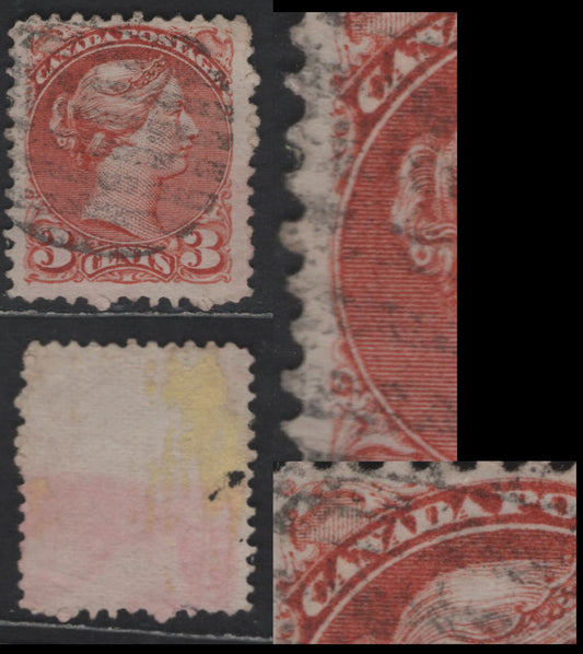 Lot 306 Canada #37evar 3c Red Queen Victoria, 1870-1893 Small Queen Issue, A Fine Used Single, Early Montreal Printing, Paper EM-A, Unlisted In Unitrade, Re-Entry Along Medallion, Doubling Of 'Canada', Position Dot