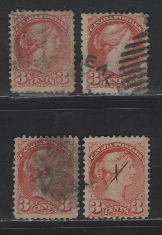Lot 308 Canada #37ii 3c Dull Red Queen Victoria, 1870-1893 Small Queen Issue, 4 Ungraded Singles, Early Montreal Printings, Papers EM-A, MM-B, MM-D & MM-F, All Perf 11.75x12, Reference Lot, Position Dots