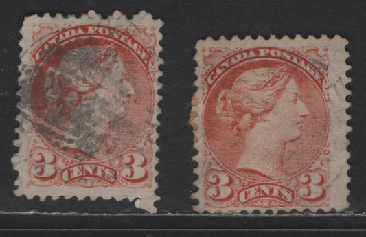 Lot 309 Canada #37ii 3c Dull Red Queen Victoria, 1870-1893 Small Queen Issue, 2 Fine Used Singles, Early Montreal Printings, Papers EM-A & MM-F, Perf 11.75x12, Position Dots