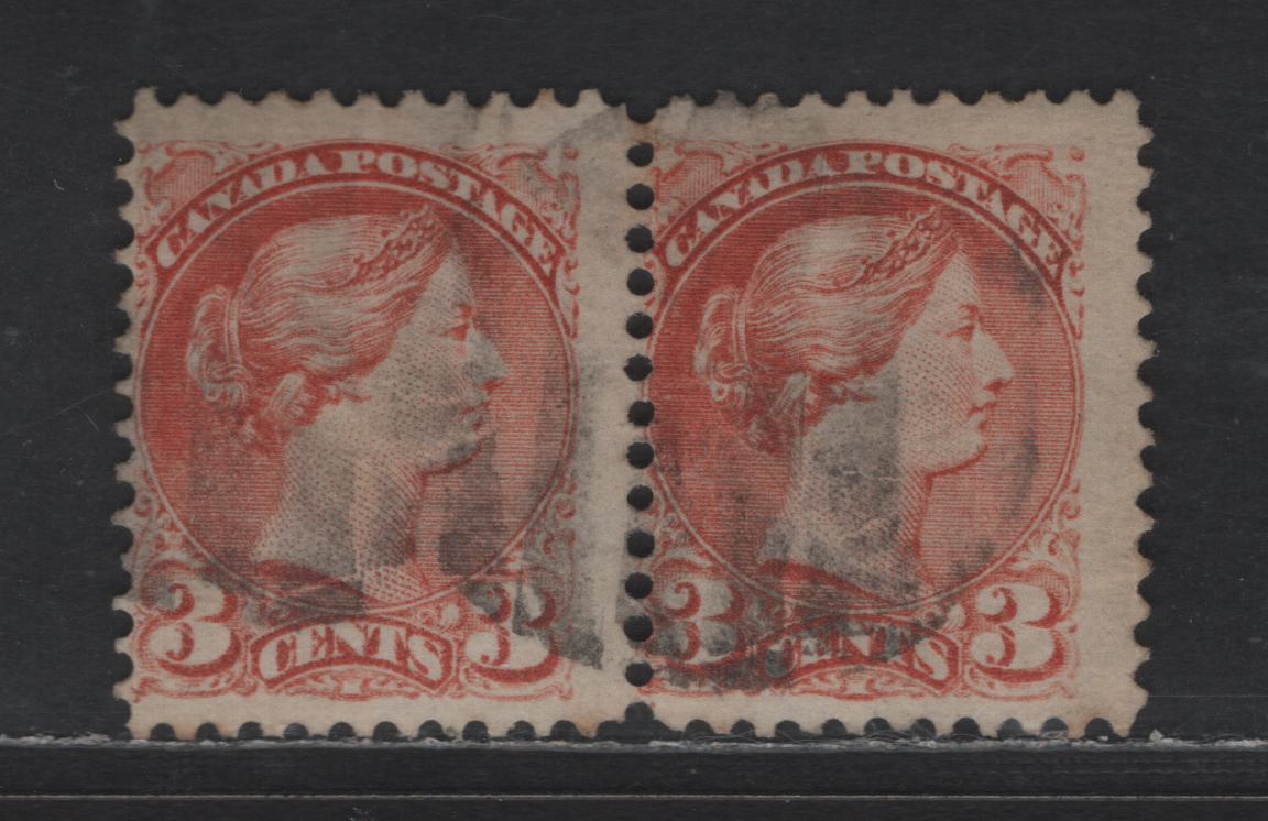 Lot 310 Canada #37ii 3c Dull Red Queen Victoria, 1870-1893 Small Queen Issue, A Fine Used Pair, Early Montreal Printings, Paper EM-A, Perf 11.75x12, Position Dot
