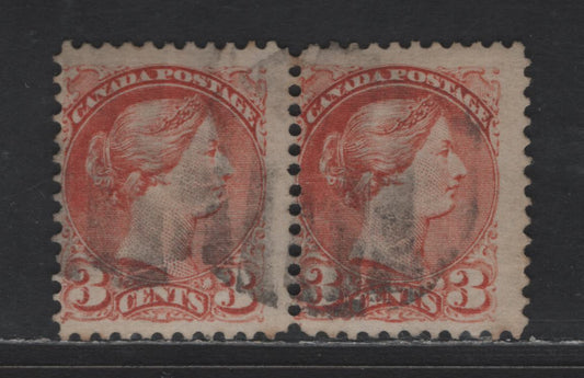 Lot 310 Canada #37ii 3c Dull Red Queen Victoria, 1870-1893 Small Queen Issue, A Fine Used Pair, Early Montreal Printings, Paper EM-A, Perf 11.75x12, Position Dot