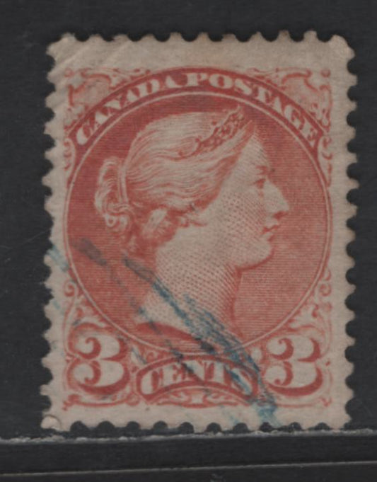 Lot 311 Canada #37ii 3c Dull Red Queen Victoria, 1870-1893 Small Queen Issue, A Fine Used Single, Early Montreal Printings Paper EM-A Perf 11.75x12, Blue N.B Grid Cancel, Slight Wrinkles In Upper Left Corner, Position Dot
