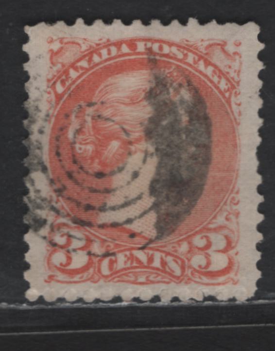 Lot 313 Canada #37iiivar 3c Dull Orange Red Queen Victoria, 1870-1893 Small Queen Issue, A Fine Used Single, Early Montreal Printing, Paper EM-A, Jumbo Margins, Perf 11.75x12, 6 Ring Target Cancel, Position Dot