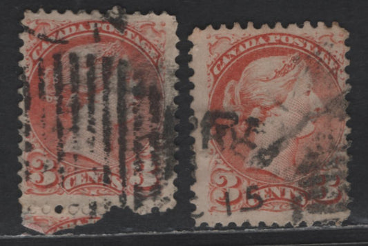 Lot 314 Canada #37iiivar 3c Dull Orange Red Queen Victoria, 1870-1893 Small Queen Issue, 2 Very Good Used Singles, Early & Mid Montreal Printings, Papers EM-A & MM-F, Perfs 11.75x12, Position Dots