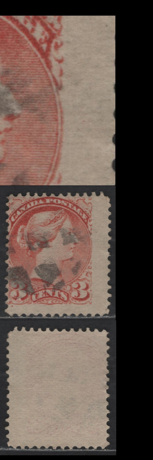 Lot 316 Canada #37cvar 3c Dull Red & Red Queen Victoria, 1870-1893 Small Queen Issue, A Very Good Used Single, Late Montreal Printing, Medallion Dot At 3'Oclock, Perf 12.1x12.2, Paper LM-P