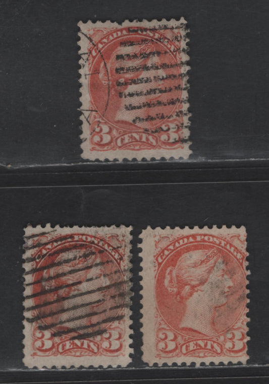 Lot 318 Canada #37c 3c Dull Red & Dull Orange Red Queen Victoria, 1870-1893 Small Queen Issue, 3 Very Good Used Singles, Mid Montreal Printings, Papers MM-F & MM-D,