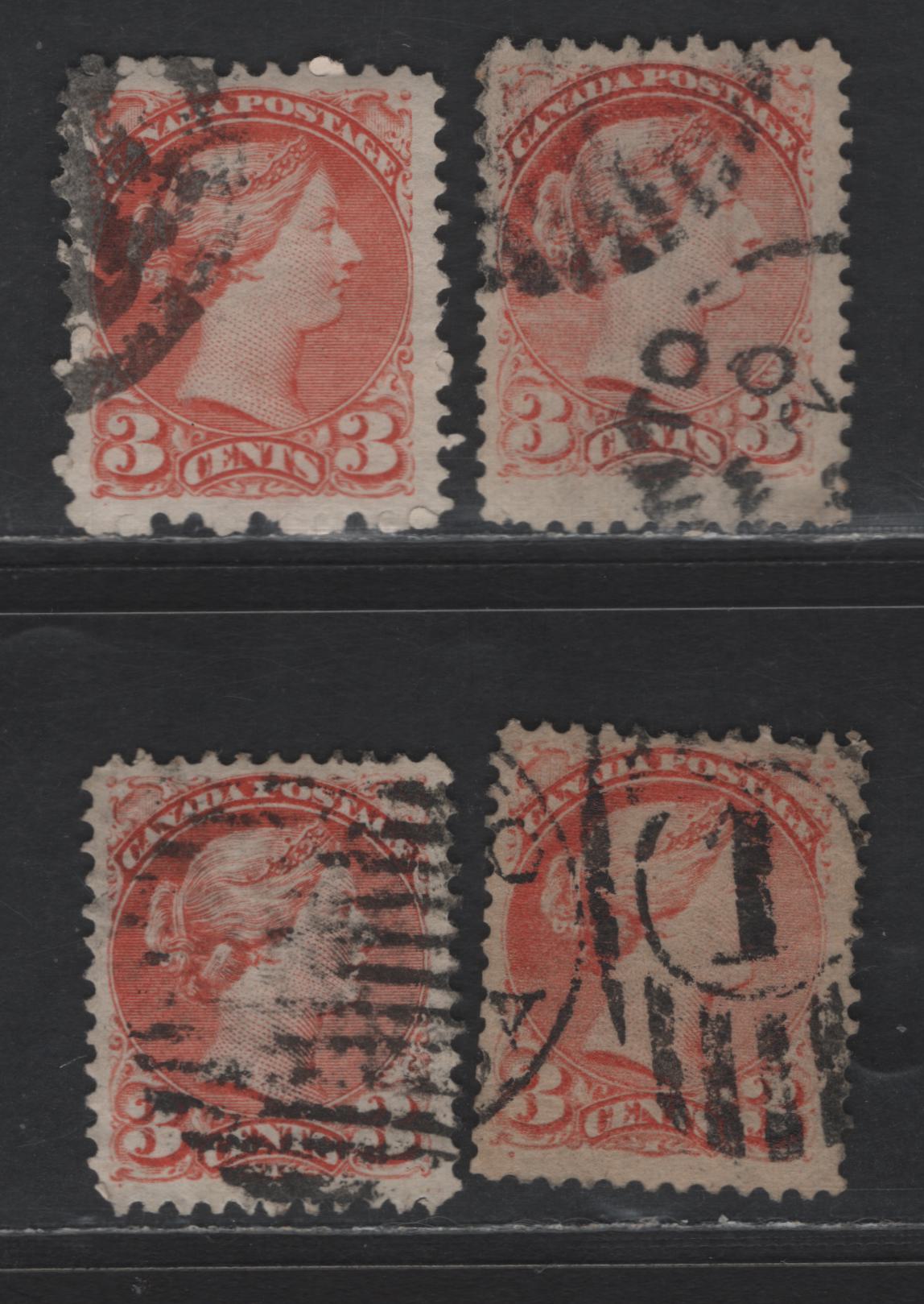 Lot 319 Canada #37cvar 3c Dull Orange Red Queen Victoria, 1870-1893 Small Queen Issue, 4 Fine/Very Fine Used Singles, Mid Montreal Printings, Papers MM-F, MM-B, EM-A & MM-H, Position Dots