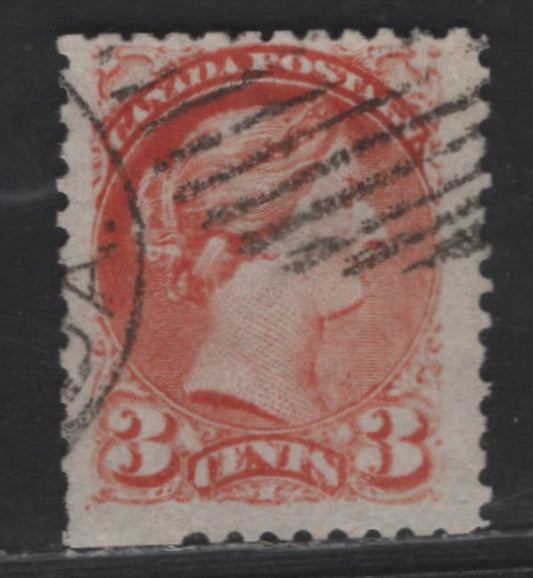 Lot 320 Canada #37var 3c Deep Orange Red Queen Victoria, 1870-1893 Small Queen Issue, A Fine Used Single, Mid Montreal Printing, Paper MM-D, Partially Imperf At Lower Left, Position Dot