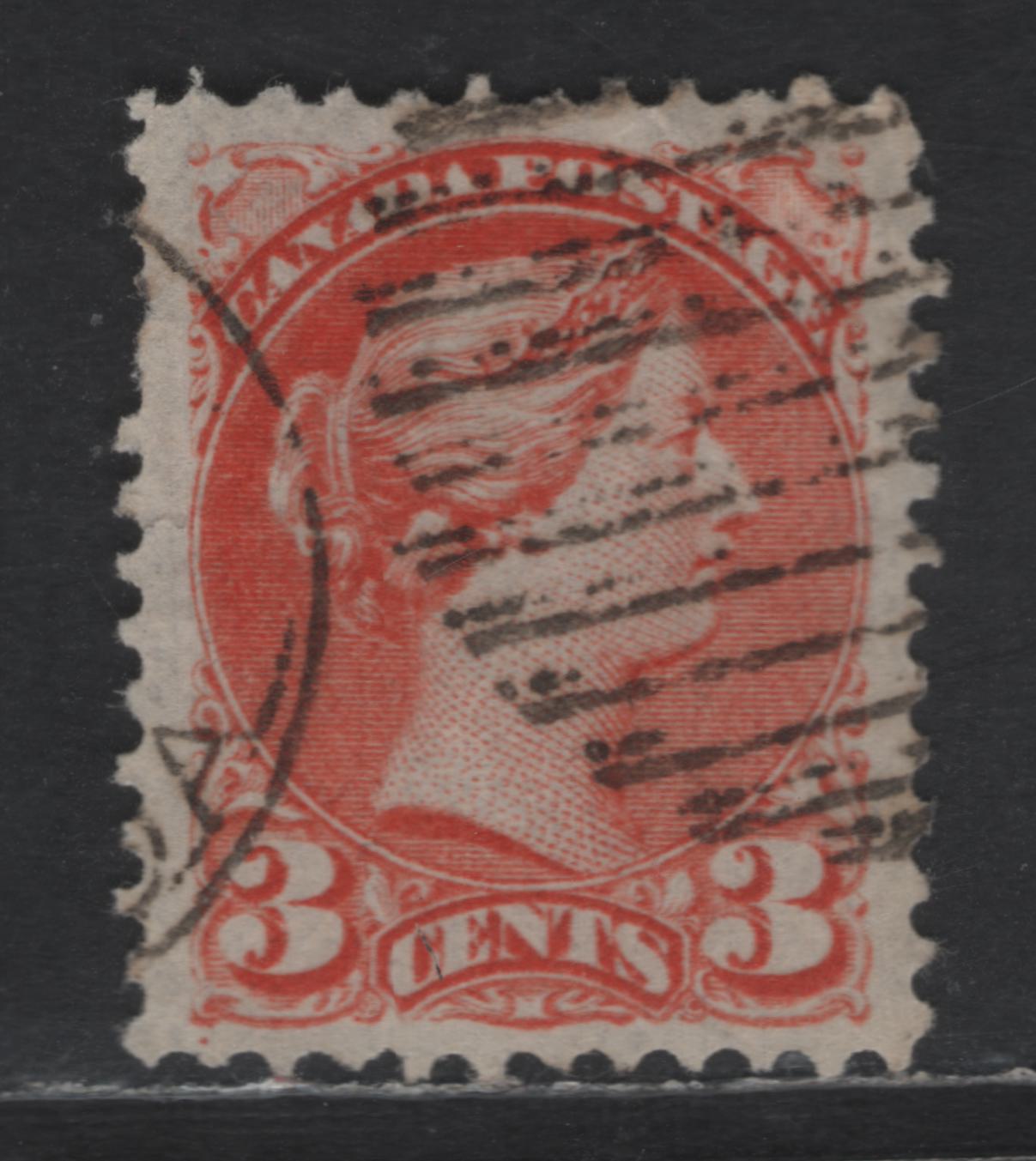 Lot 322 Canada #37iii 3c Orange Red Queen Victoria, 1870-1893 Small Queen Issue, A Fine Used Single, Mid Montreal Printing, Scarcer MM-O Paper, Position Dot