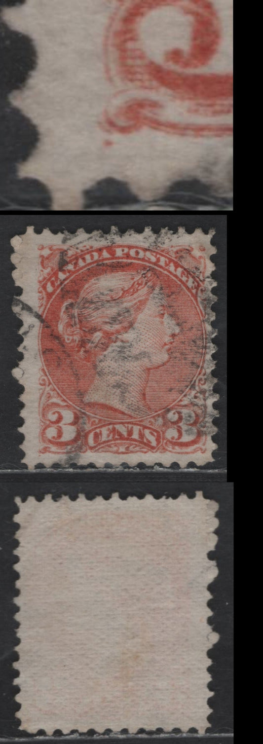 Lot 323 Canada #37iiivar 3c Orange Red Queen Victoria, 1870-1893 Small Queen Issue, A Fine Used Single, Mid Montreal Printing, Paper MM-B, Re-Entry At Lower Left, Position Dot