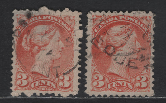 Lot 324 Canada #37, 37iii 3c Orange Red Queen Victoria, 1870-1893 Small Queen Issue, 2 Fine Used Singles, Mid Montreal Printings, Paper MM-D, 1894 Dated Cancels, Perfs 11.5x12 & 12, Position Dots