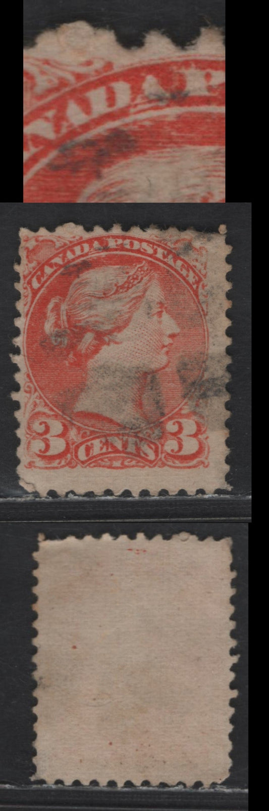 Lot 325 Canada #37iiivar 3c Orange Red Queen Victoria, 1870-1893 Small Queen Issue, A Very Good Used Single, Mid Montreal Printing, Paper MM-B, Dry Inking Under Last 'A' Of Canada, Position Dot