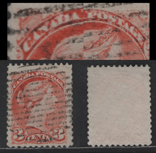 Lot 326 Canada #37iiivar 3c Orange Red Queen Victoria, 1870-1893 Small Queen Issue, A Fine Used Single, Mid Montreal Paper, Paper MM-O, Extensive Dry Inking, Dot At Lower Left, Perf 11.75x12
