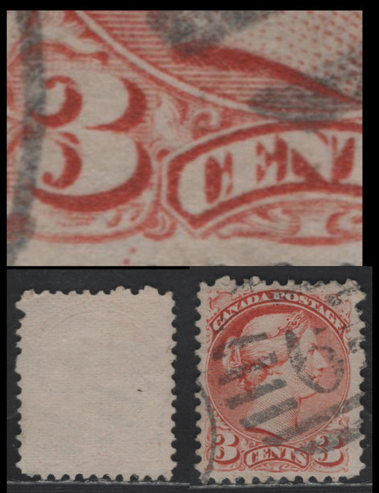Lot 327 Canada #37iiivar 3c Orange Red Queen Victoria, 1870-1893 Small Queen Issue, A Very Good Used Single, Early Montreal Printing, Scarce Paper EM-D, Hamilton '6' Cancel, Two Plate Dots Below Left '3', Small Tear At Left