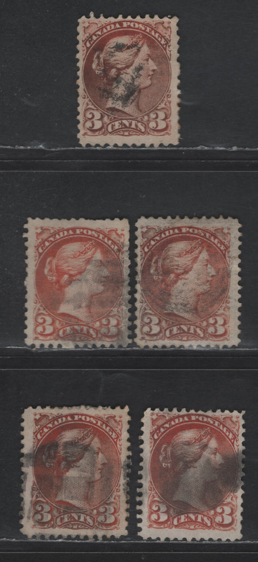 Lot 328 Canada #37iiivar 3c Orange Red Queen Victoria, 1870-1893 Small Queen Issue, 4 Fine Used Singles, Mid Montreal Printings, Papers MM-D, MM-B & MM-F, Perfs 12 & 11.75x12, Dot Showing Oxidation