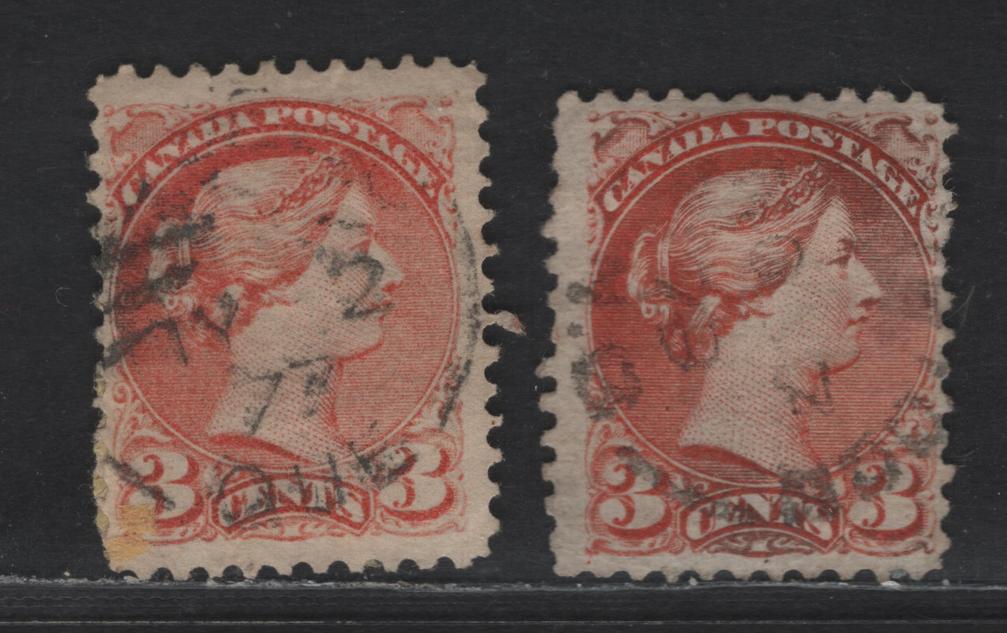 Lot 329 Canada #37iii 3c Orange Red Queen Victoria, 1870-1893 Small Queen Issue, 2 Fine Used Singles, Mid Montreal Printings, Paper MM-B, Perf 11.75x12, With & Without Position Dot, May 2nd 1877 & Nov. 7 1879 Cancels