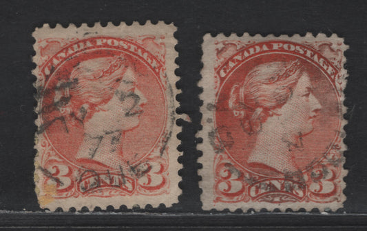 Lot 329 Canada #37iii 3c Orange Red Queen Victoria, 1870-1893 Small Queen Issue, 2 Fine Used Singles, Mid Montreal Printings, Paper MM-B, Perf 11.75x12, With & Without Position Dot, May 2nd 1877 & Nov. 7 1879 Cancels