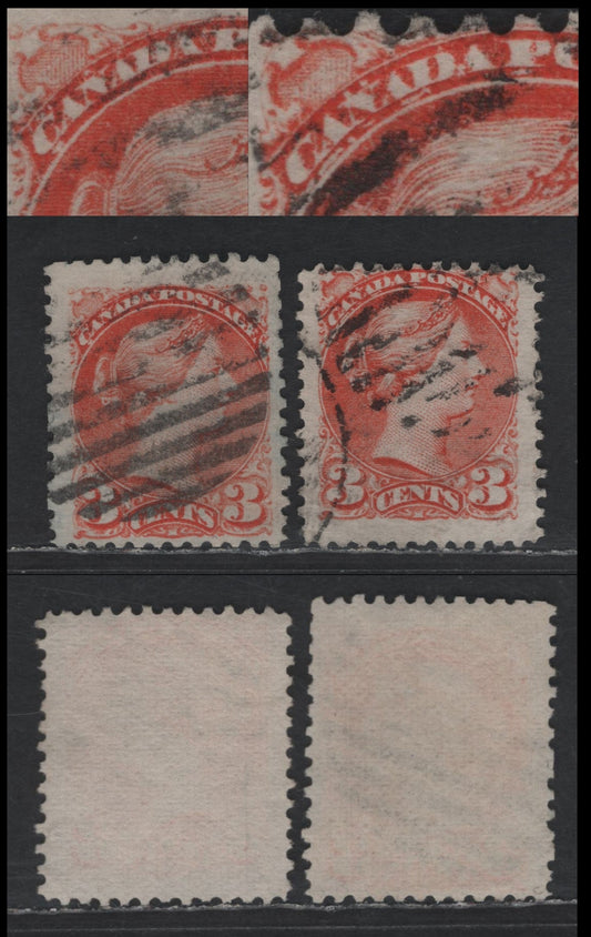 Lot 330 Canada #37var 3c Deep Orange Red Queen Victoria, 1870-1893 Small Queen Issue, 2 Very Good/Fine Used Singles, Early Montreal Printings, Paper EM-A, Dry Inking Above & Below Canada, Perf 12, Position Dots