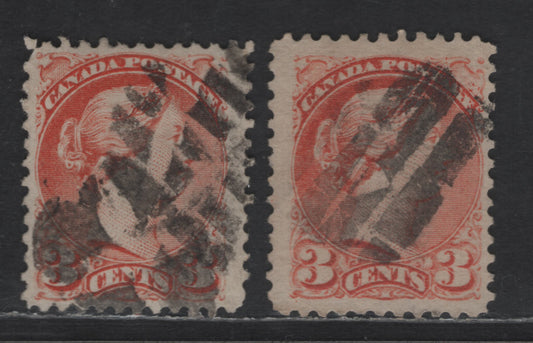 Lot 331 Canada #37 3c Deep Orange Red Queen Victoria, 1870-1893 Small Queen Issue, 2 Fine Used Singles, Mid Montreal Printings, Papers MM-D & MM-F, Perf 12, Position Dots & Fancy Cork Cancels