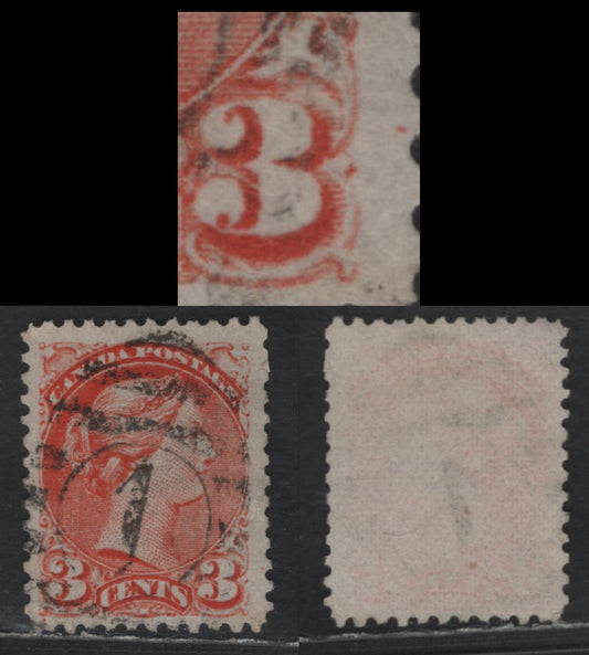 Lot 332 Canada #37var 3c Bright Orange Red Queen Victoria, 1870-1893 Small Queen Issue, A Very Good Used Single, Mid Montreal Printing, Paper MM-D, Dot In Right Margin Lower Right, Montreal #1 Duplex Cancel