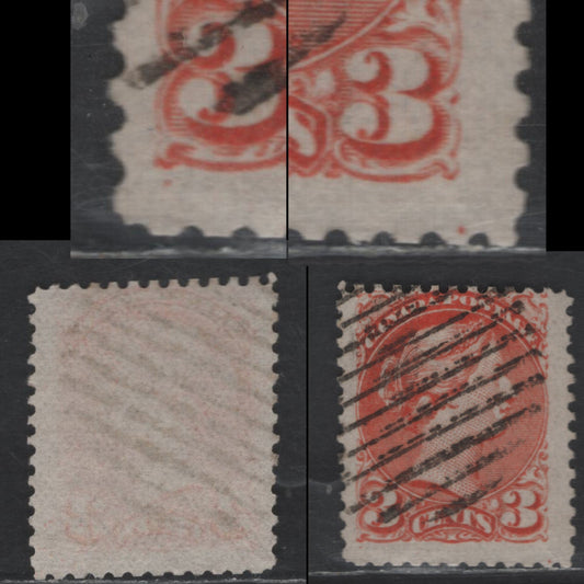 Lot 334 Canada #37var 3c Bright Orange Red Queen Victoria, 1870-1893 Small Queen Issue, A Very Good Used Single, Mid Montreal Printing, Paper MM-O, Two Position Dots (Lower Left & Lower Right), Perf 12