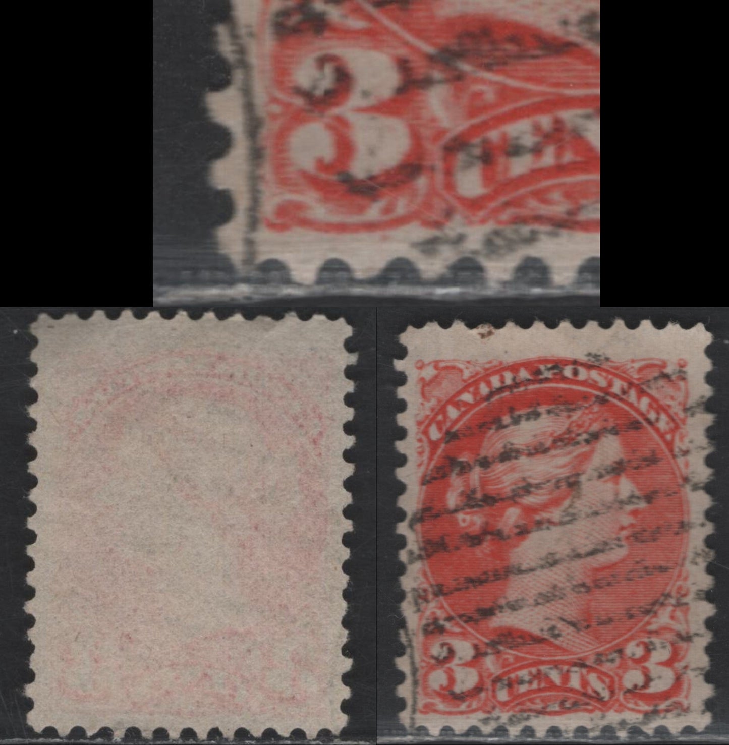 Lot 335 Canada #37var 3c Deep Red Orange Queen Victoria, 1870-1893 Small Queen Issue, A Fine Used Single, Mid Montreal Printing, Paper MM-O, Perf 12, Position Dot Under 3, Rather Than At Lower Left