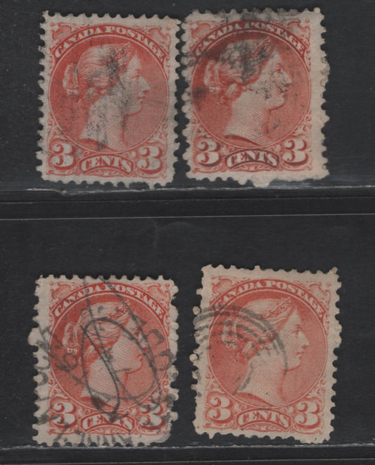 Lot 336 Canada #37iii 3c Orange Red Queen Victoria, 1870-1893 Small Queen Issue, 4 Fine Used Singles, Early Montreal Printing, Paper EM-A, Perf 11.6x12