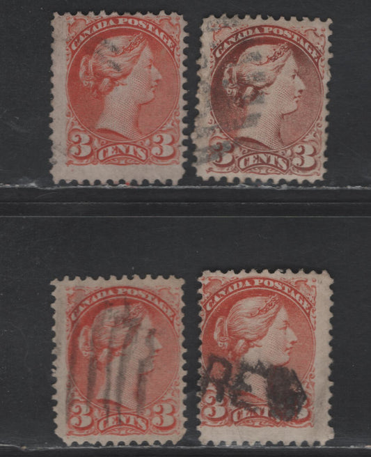 Lot 337 Canada #37iii 3c Orange Red Queen Victoria, 1870-1893 Small Queen Issue, 4 Fine Used Singles, Mid Montreal Printings, Paper MM-D, Different Shades, Perf 11.6x12, Position Dots