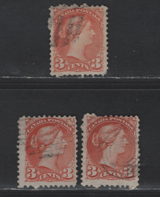 Lot 338 Canada #37iii 3c Orange Red Queen Victoria, 1870-1893 Small Queen Issue, 3 Fine/Very Fine Used Singles, Mid Montreal Printings, Paper MM-B, Perf 11.6x12, Position Dots, Different Shades