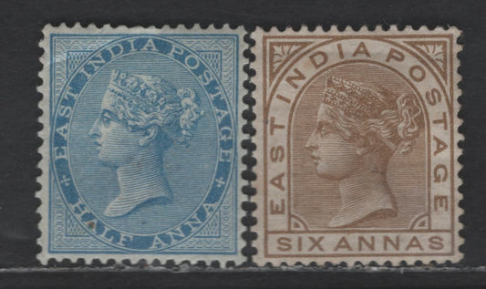 Lot 188 India SG#76, 80 1/2a & 6a Deep Blue - Olive Bistre Queen Victoria, 1873-1876 Crown Colony Keyplates Issue, 2 VG/FOG Singles, Elephants Head Wmk, 1/2a With Light Corner Creases At UL