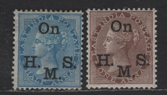 Lot 191 India SG#O31-O32 1/2a - 1a Blue - Brown Queen Victoria, 1874-1882 Official Overprinted Issue, 2 VGOG & Unused Singles, Die 2, Black Overprints, Both With Corner Crease