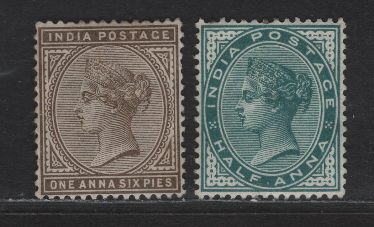 Lot 195 India SG#84, 90 1/2a - 1a6p Deep Blue Green - Sepia Queen Victoria, 1882-1890 Queen Victoria Keyplates Issue, 2 F/VFOG & Unused Singles, Large Star Wmk, Tiny Tear
