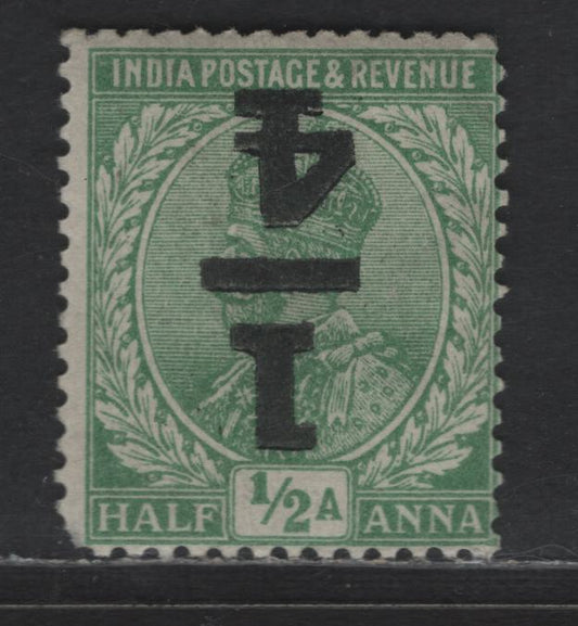 Lot 209 India SG#195a 1/4a on 1/2a Green King George V, 1922 KGV Surcharge Issue, A VGOG Single, Inverted Surcharge